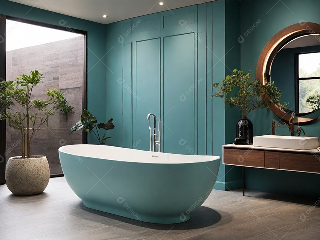 Banheiro luxuoso cor de azul com plantas e banheira moderna