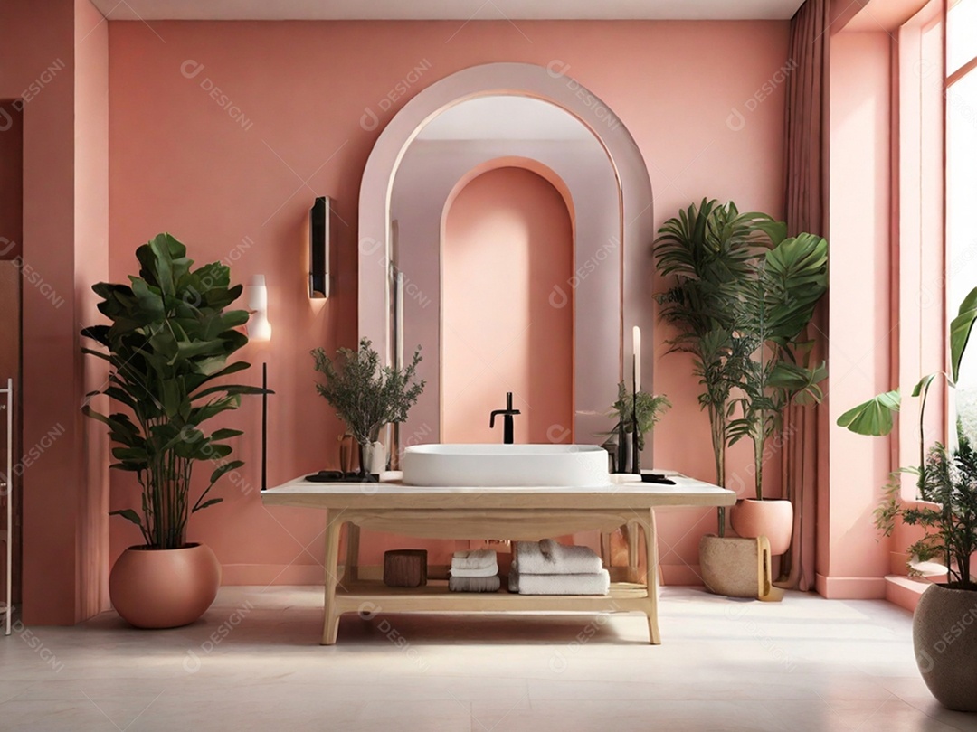 Interior de um banheiro cor de rosa chique