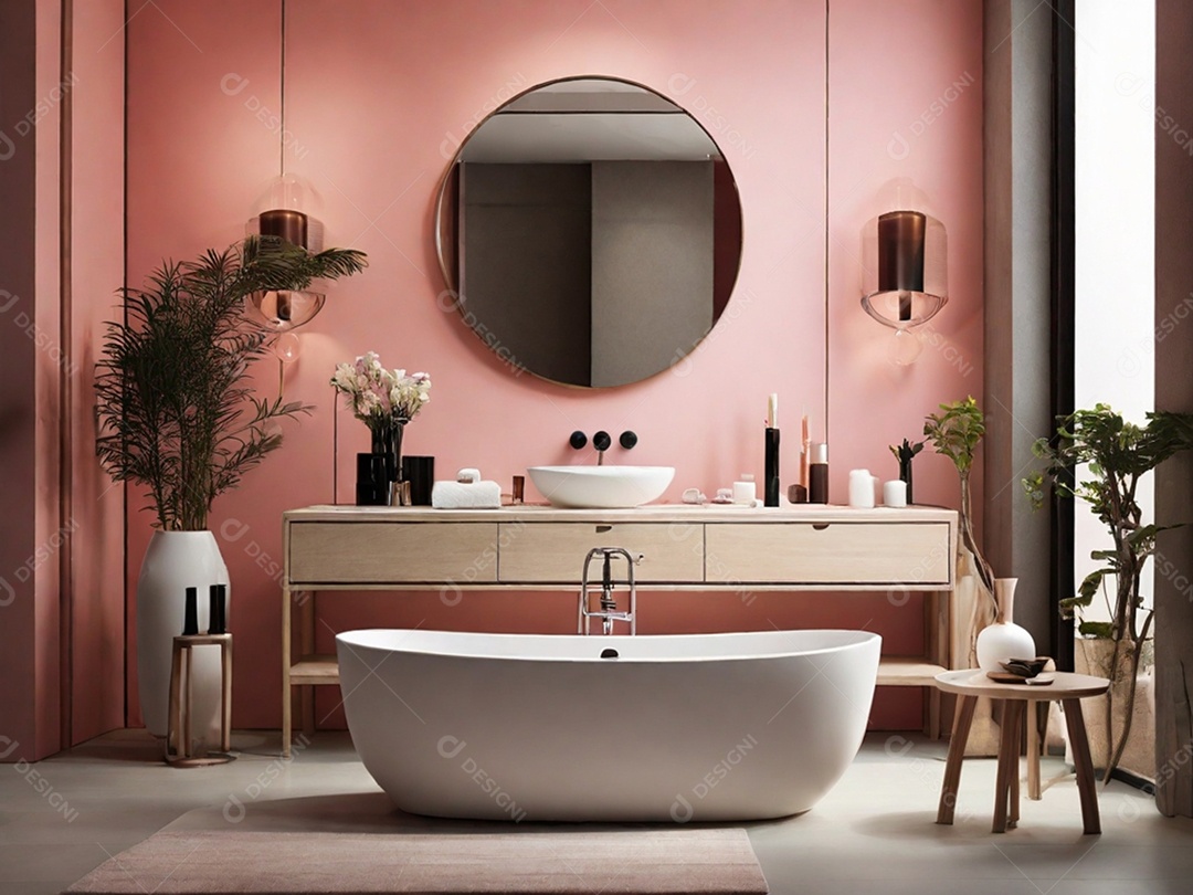 Banheiro aconchegante com plantas e mesas de centro com banheira