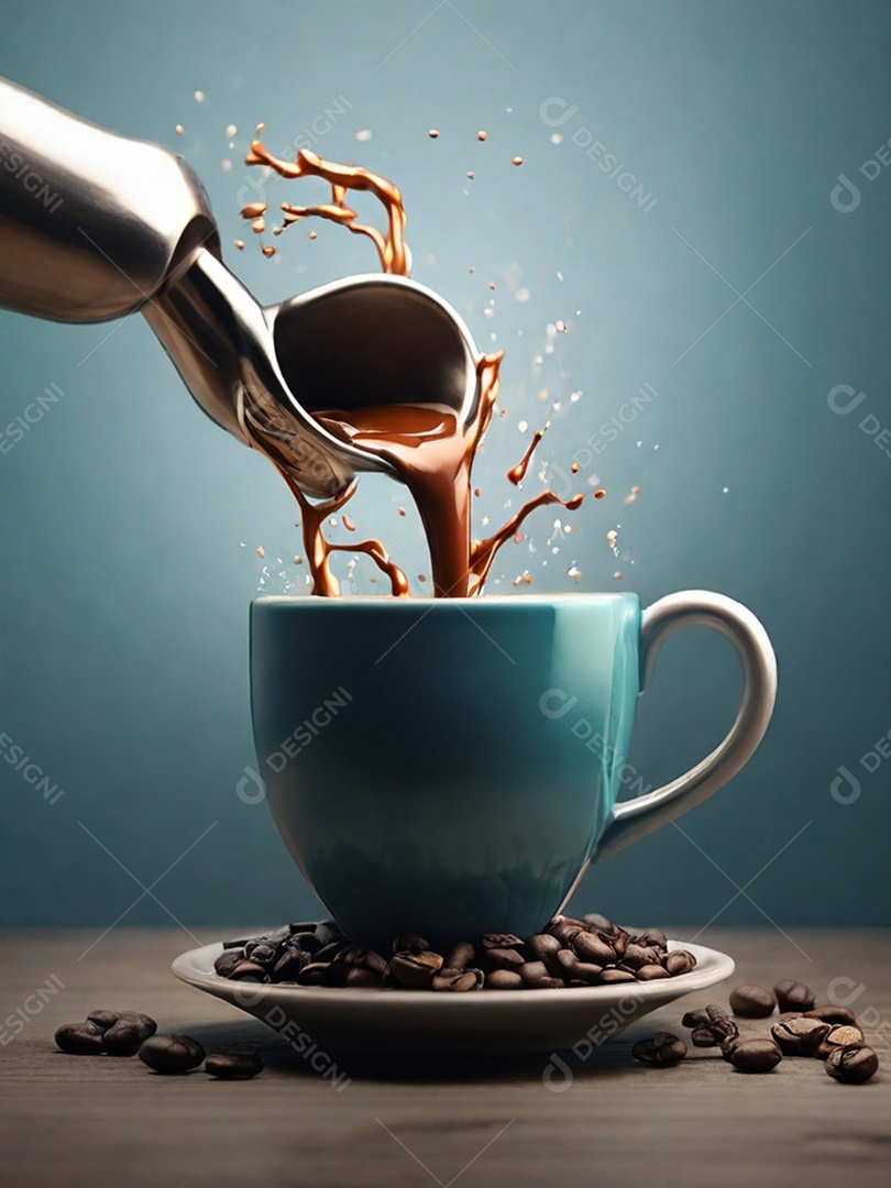 Xícara azul perfeita e cafeteira colocando café