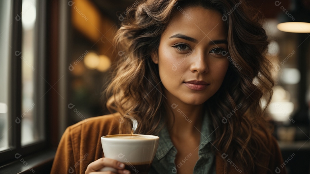 Linda jovem bebendo seu capuccino