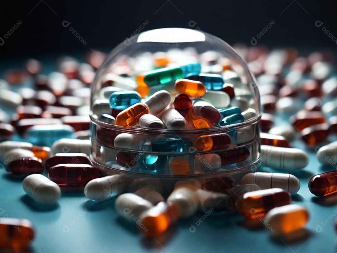 Pote com comprimidos e muitos outros espalhados