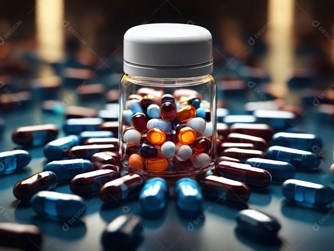 Pote de vidro com remédios e muitos outros ao lado