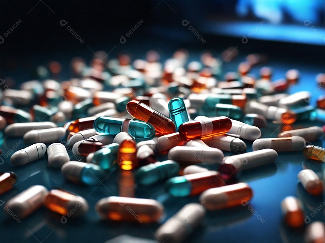 Comprimidos e capsulas sobre fundo azul