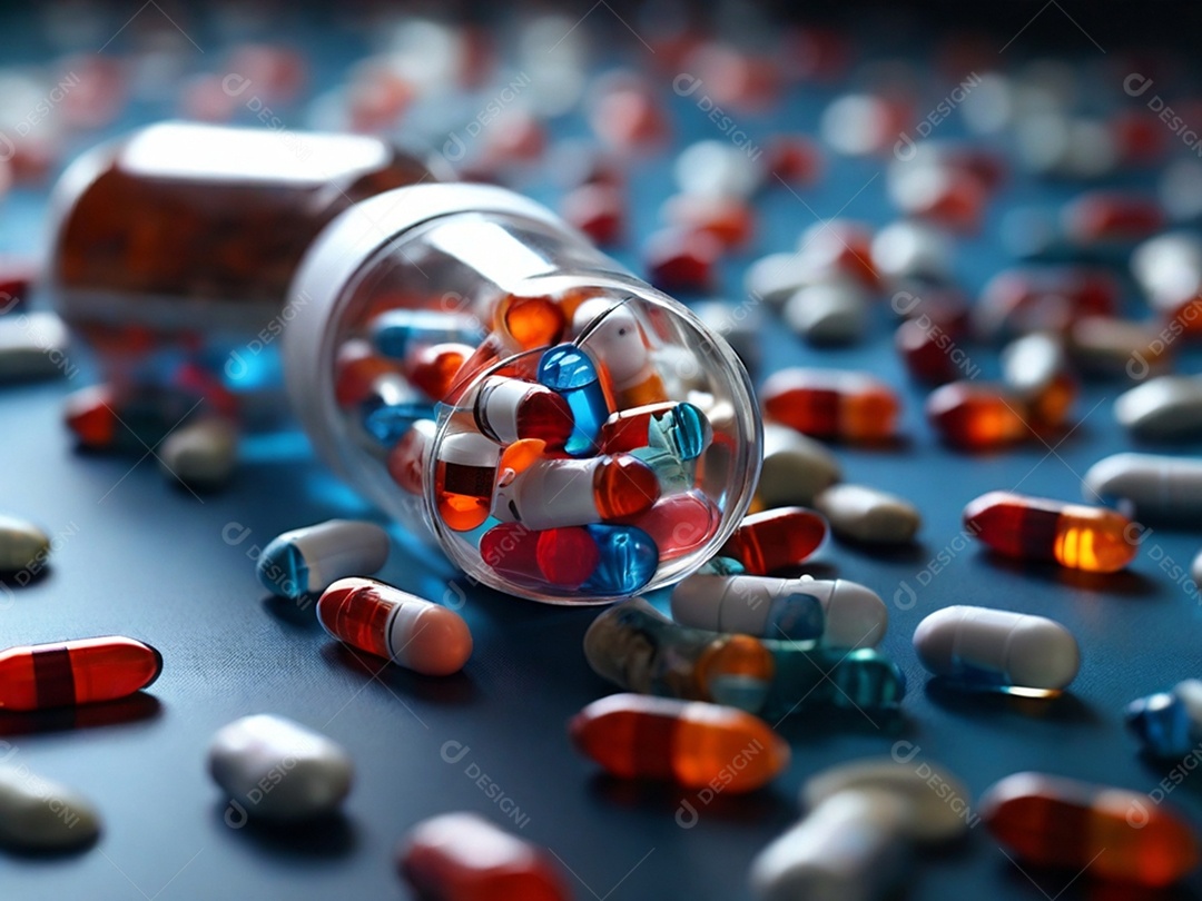 Frasco com comprimidos dentro e vários espalhados
