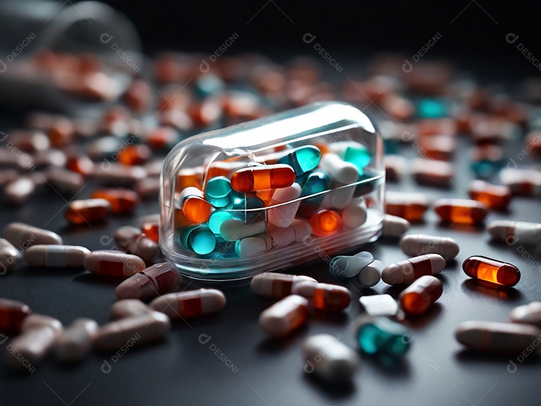 Frasco com capsulas e muitos comprimidos ao lado