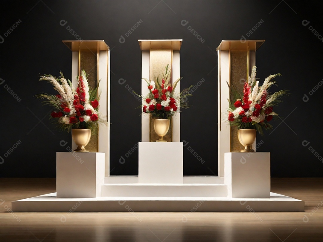 Lindo pódio com jarros de flores