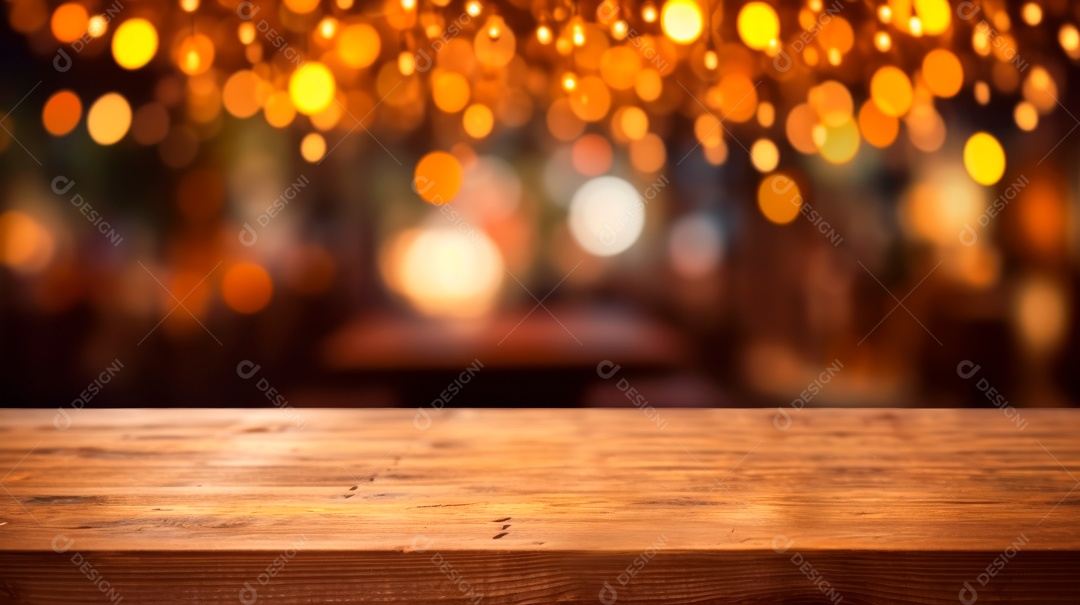 Tampo de mesa de madeira vazio com luzes bokeh na IA Generativa desfocada.