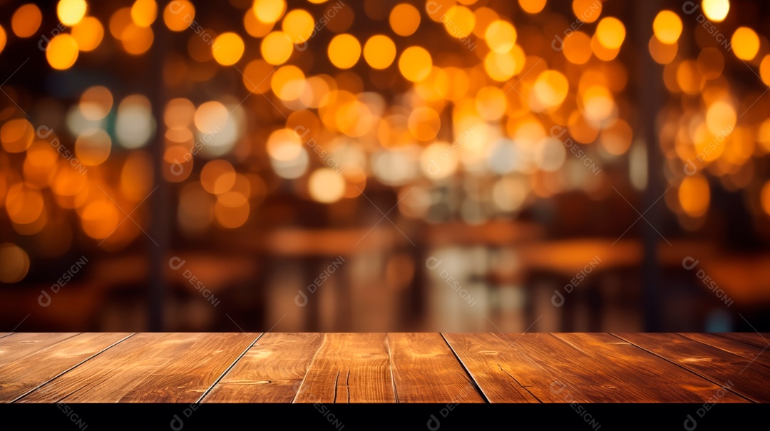 Tampo de mesa de madeira vazio com luzes bokeh na IA Generativa desfocada.