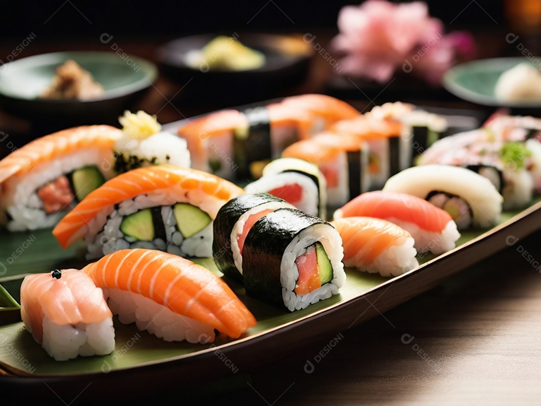 Comida tradicional japonesa com sushi sashimi