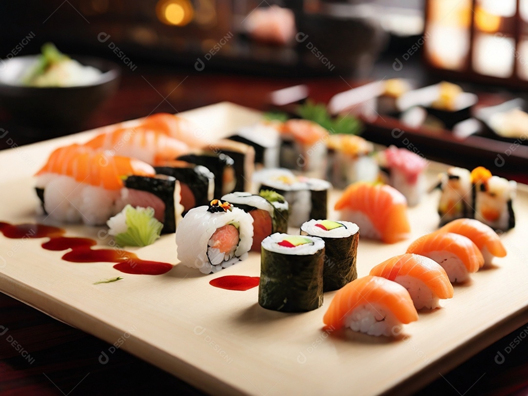 Comida tradicional japonesa com sushi sashimi