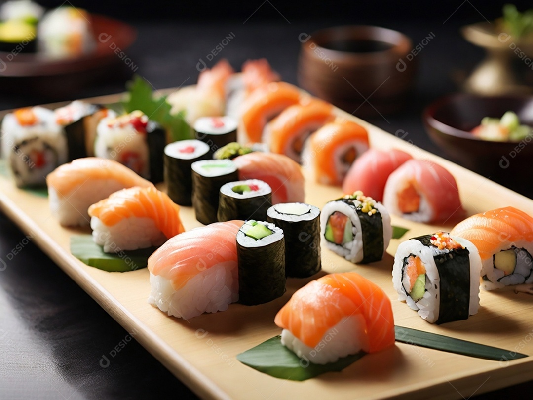 Comida tradicional japonesa com sushi sashimi