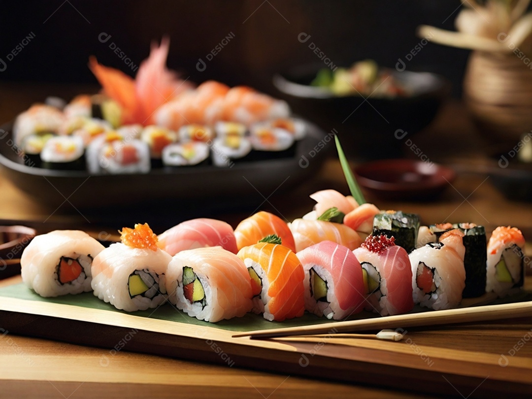 Comida tradicional japonesa com sushi sashimi