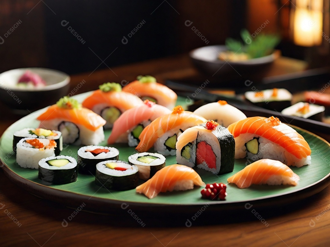 Comida tradicional japonesa com sushi sashimi