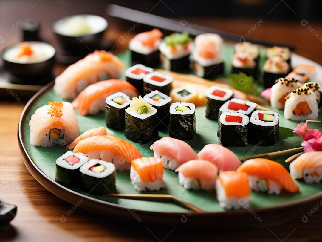 Prato lindo com sushi e sashimi