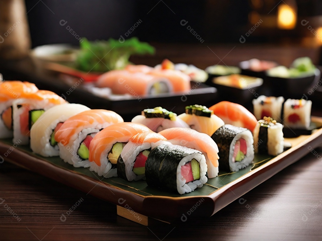 Comida tradicional japonesa com sushi sashimi