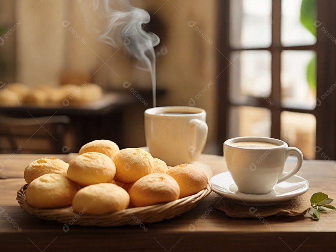 Bandeja de madeira com pães e xícaras de café