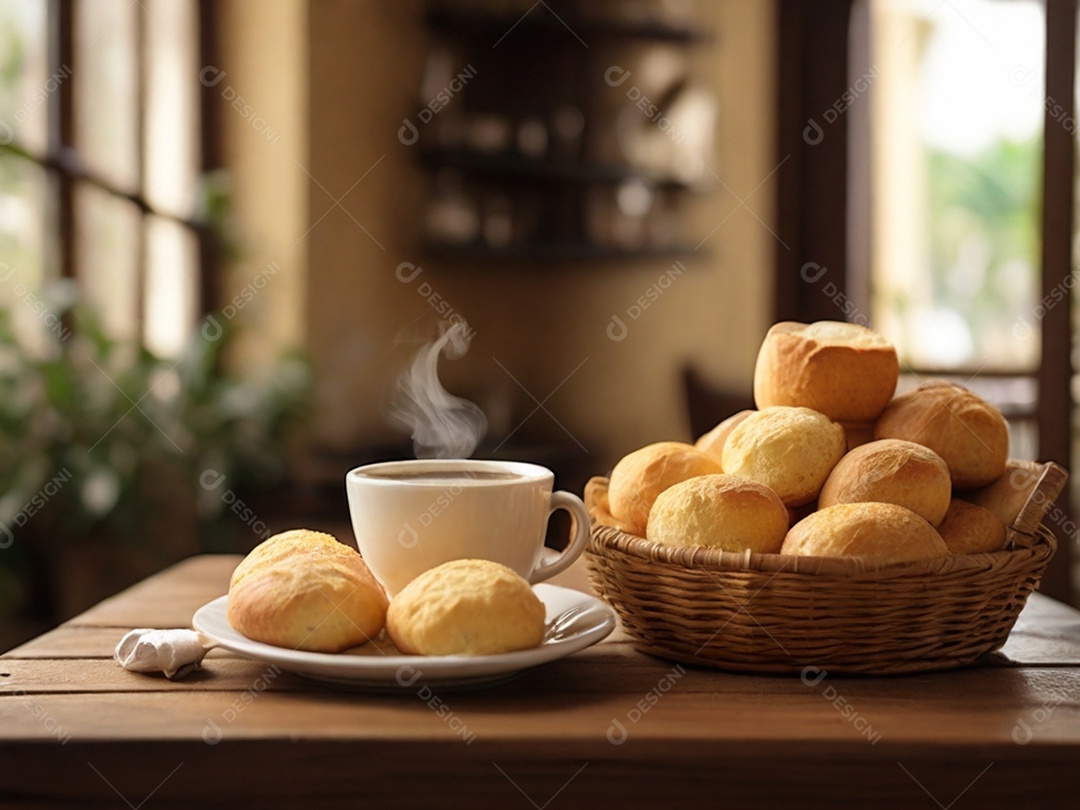 Cesta grande com pães de queijo e prato com xícara de capuccino