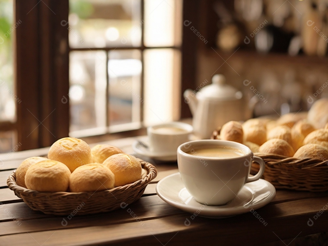 Cesta pão de queijo grande com xícara de café