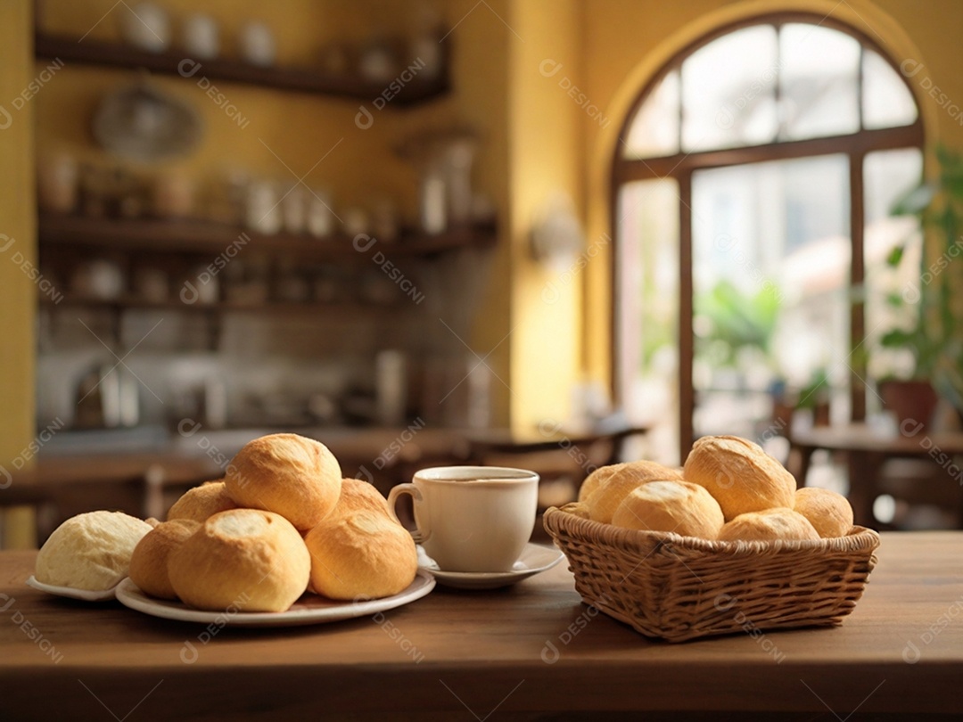 Cesta de pães de queijo e xícara para café da manhã