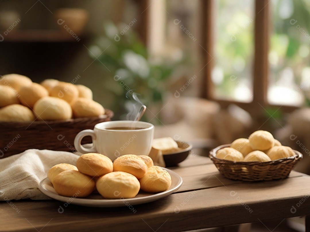 Prato cheio de pães de queijo e café