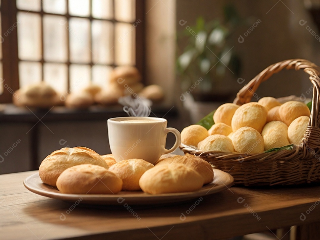Pães de queijo em cesta sobre mesa de madeira e capuccino