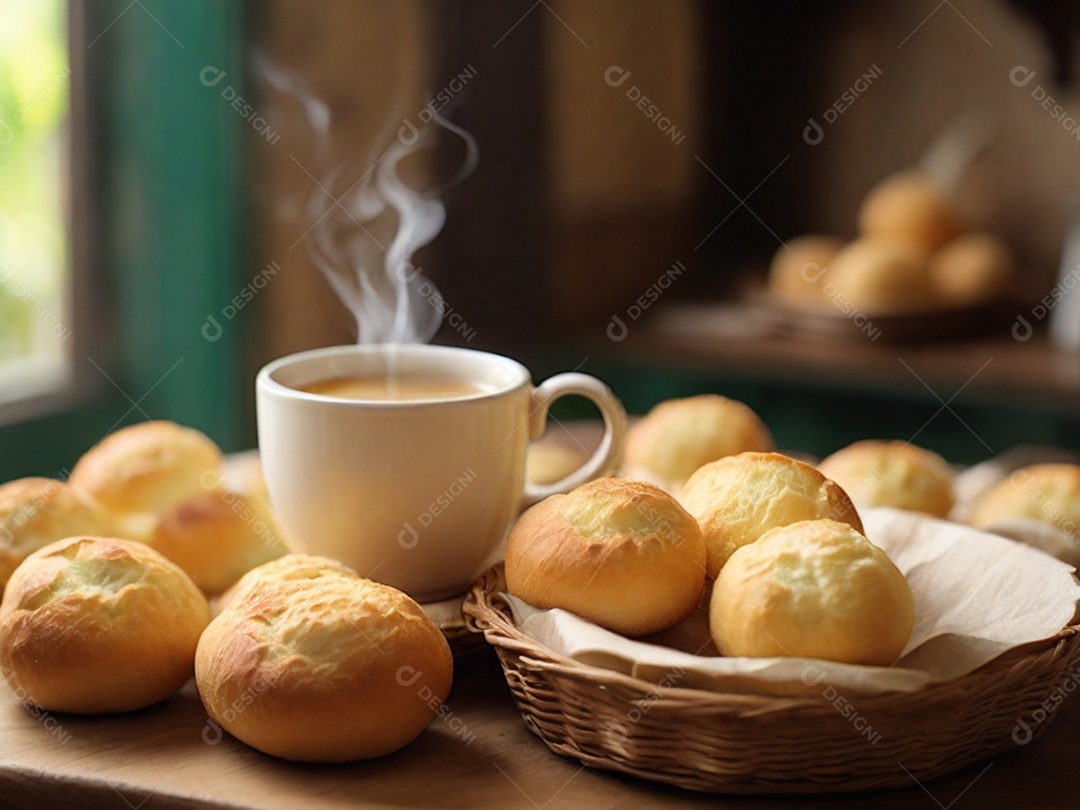 Pães deliciosos e capuccino quentinho