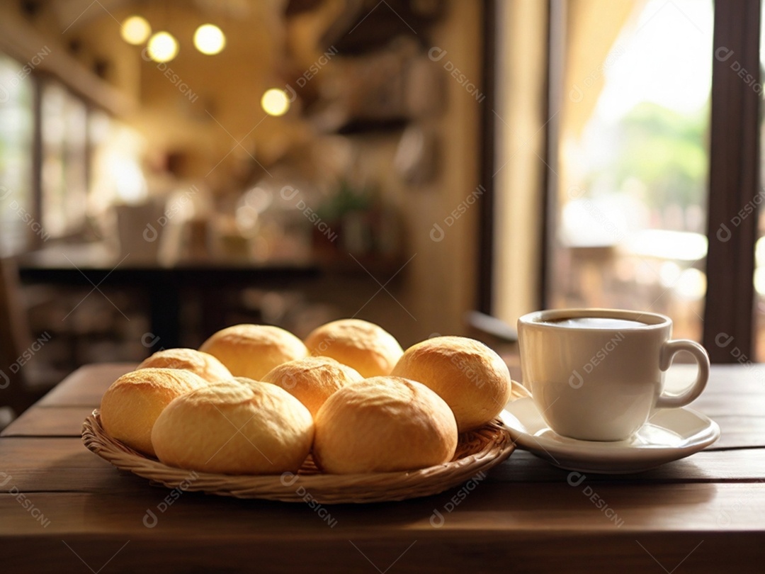 Pães de queijo com capuccino em mesa de madeira