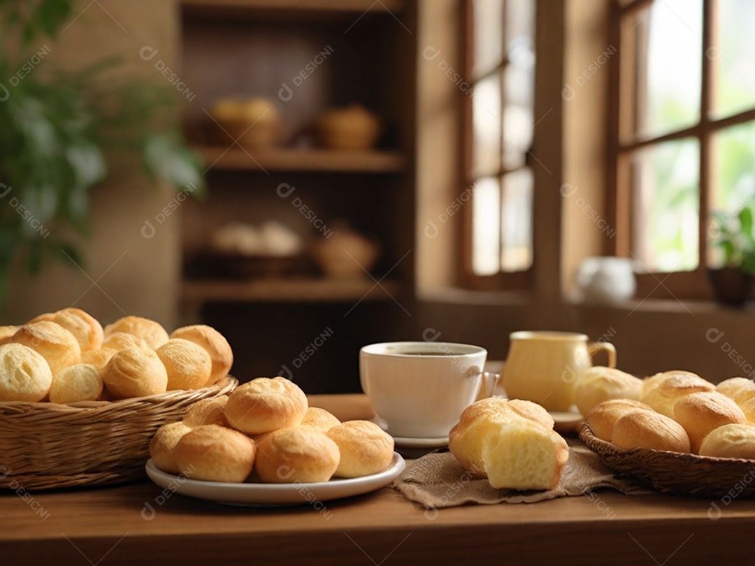 Cesta de pães de queijo com cafeteira e xícara para café da manhã