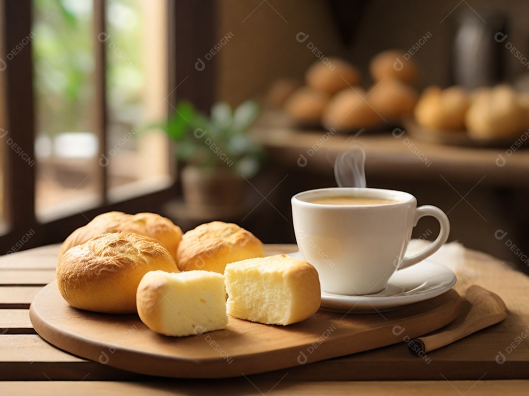 Tábua de madeira com pães e pedaço de queijo com xícara de capuccino