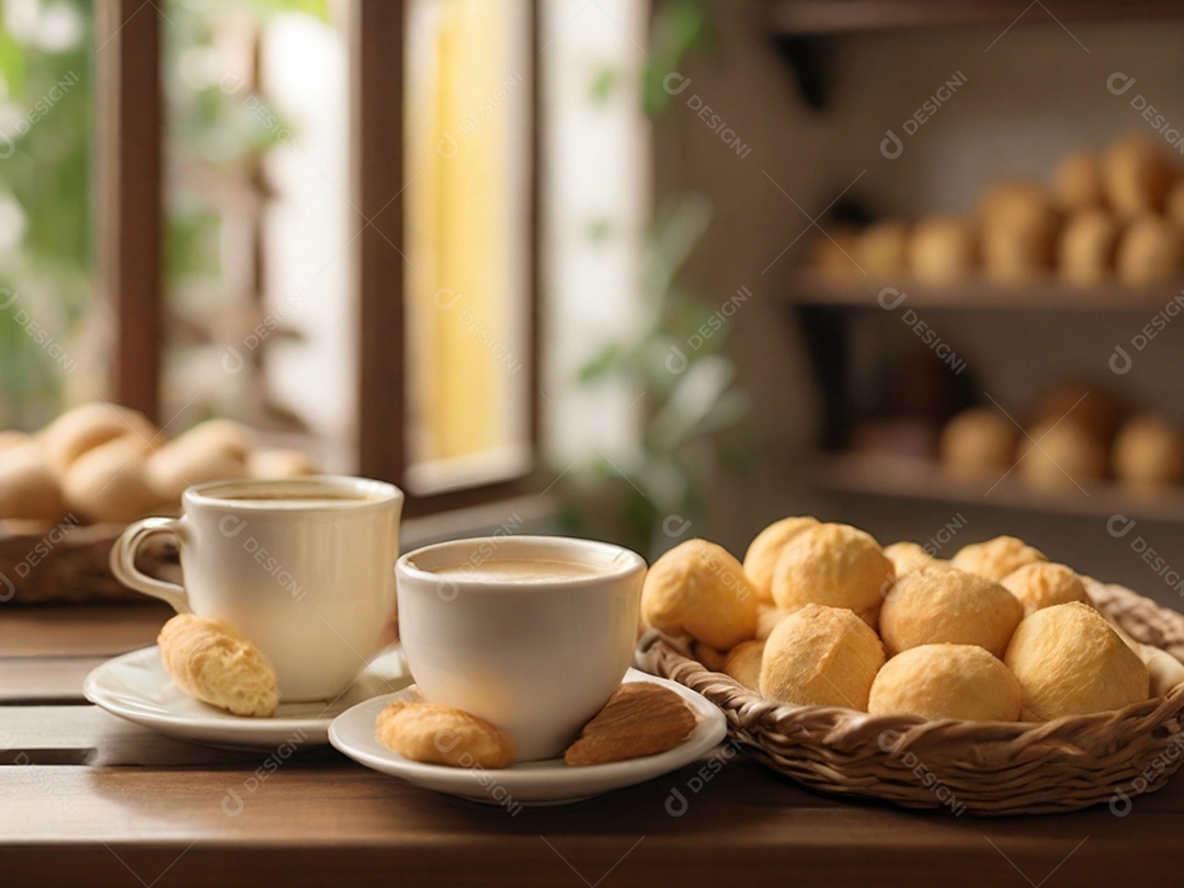 Xícara de capuccino quentinho com cesta de pães de queijo