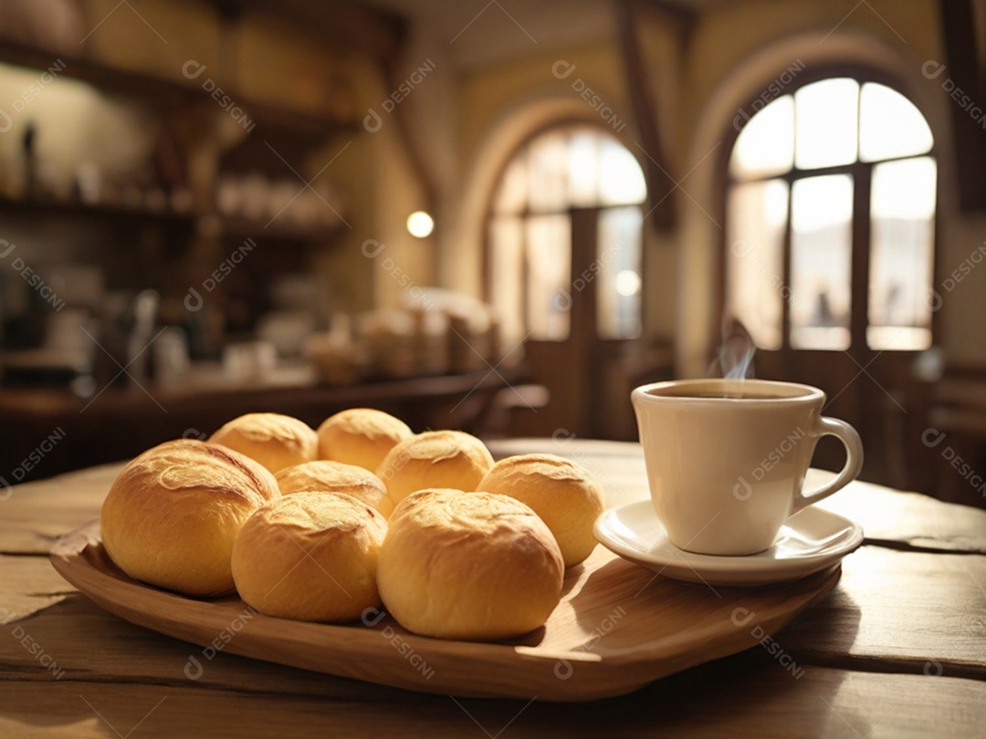 Prato de madeira com pães de queijo com café
