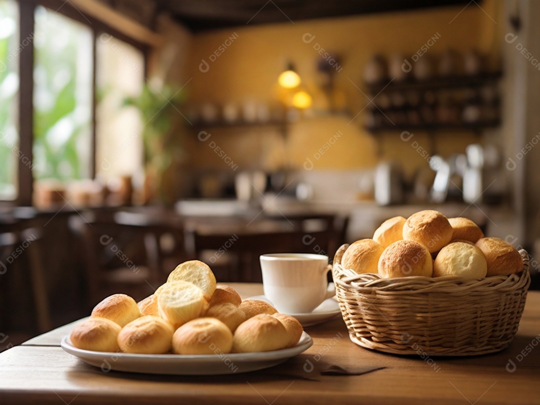 Louça com pães de queijo e cesta cheia com xícara de café