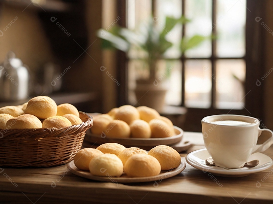 Cestinha com pães de queijo e xícara de capuccino