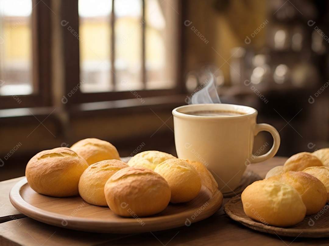 Prato de madeira com pão de queijo com xícara de capuccino