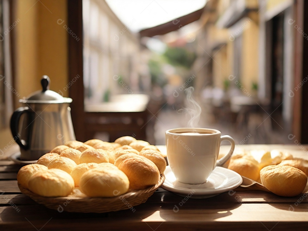 Pães de queijo com cafeteira e xícara de café