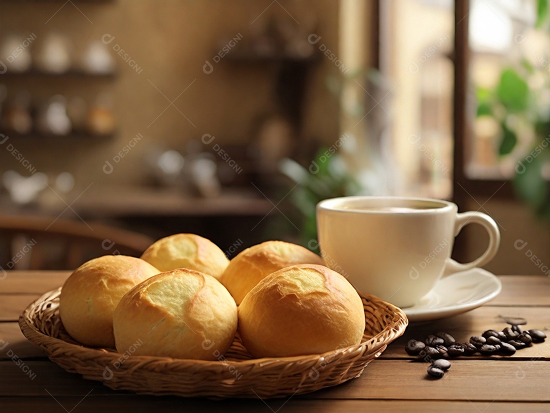 Cestinha com pães de queijo e xícara de capuccino
