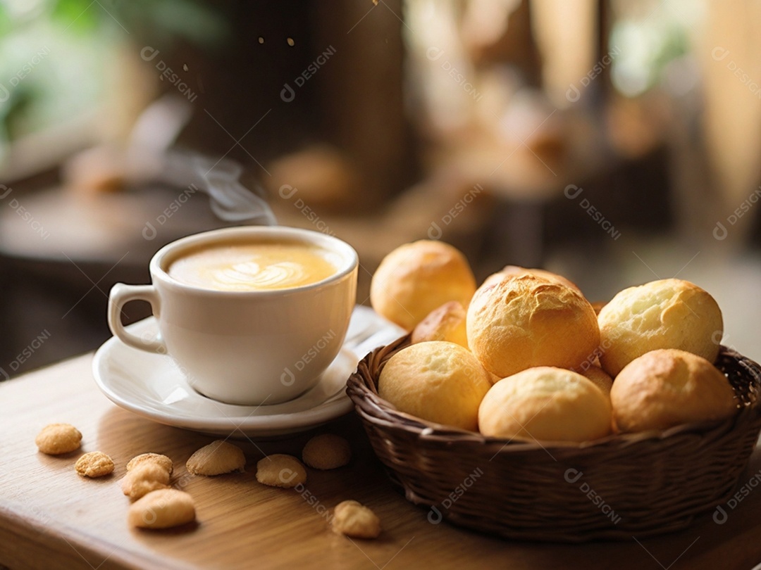 Cestinha com pães de queijo e xícara de capuccino