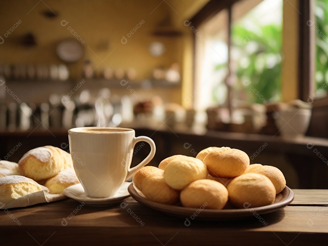 Cestinha com pães de queijo e xícara de capuccino