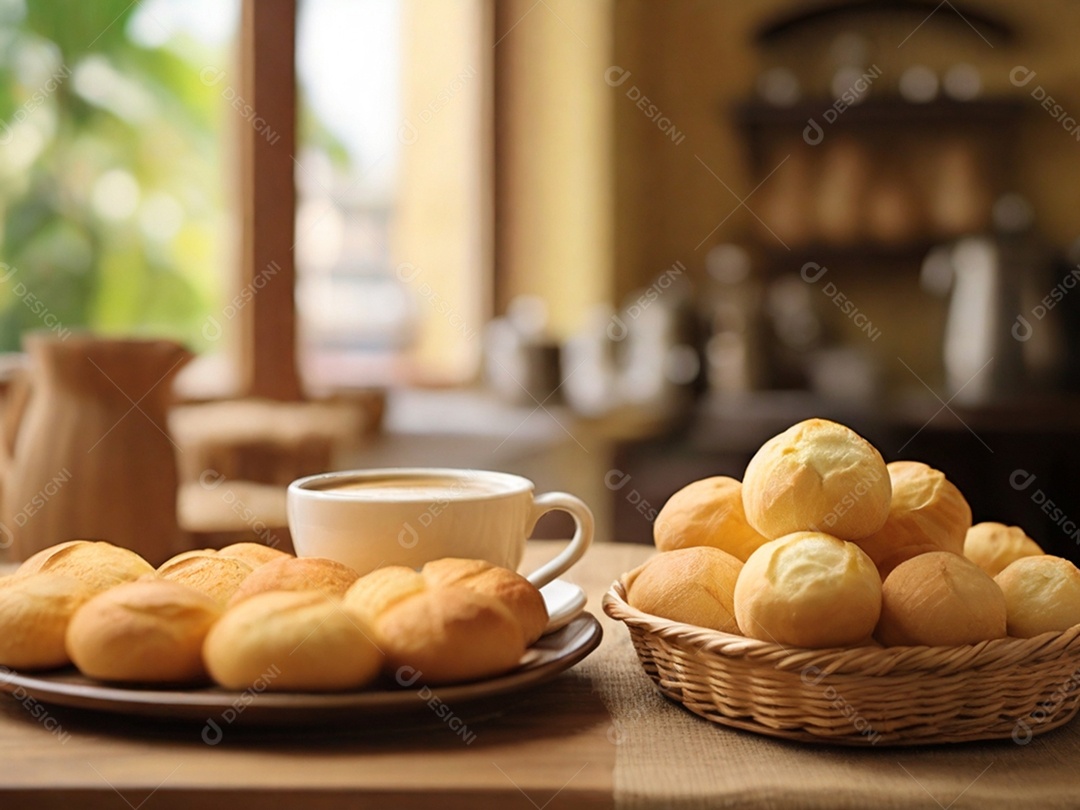 Cestinha com pães de queijo e xícara de capuccino