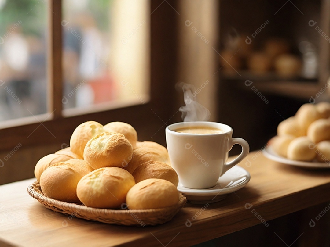 Cestinha com pães de queijo e xícara de capuccino