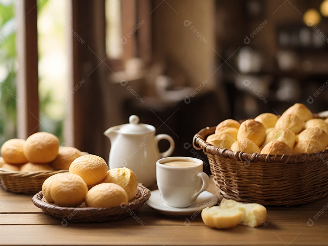 Mesa com cestinha de pão de queijo e bule de café