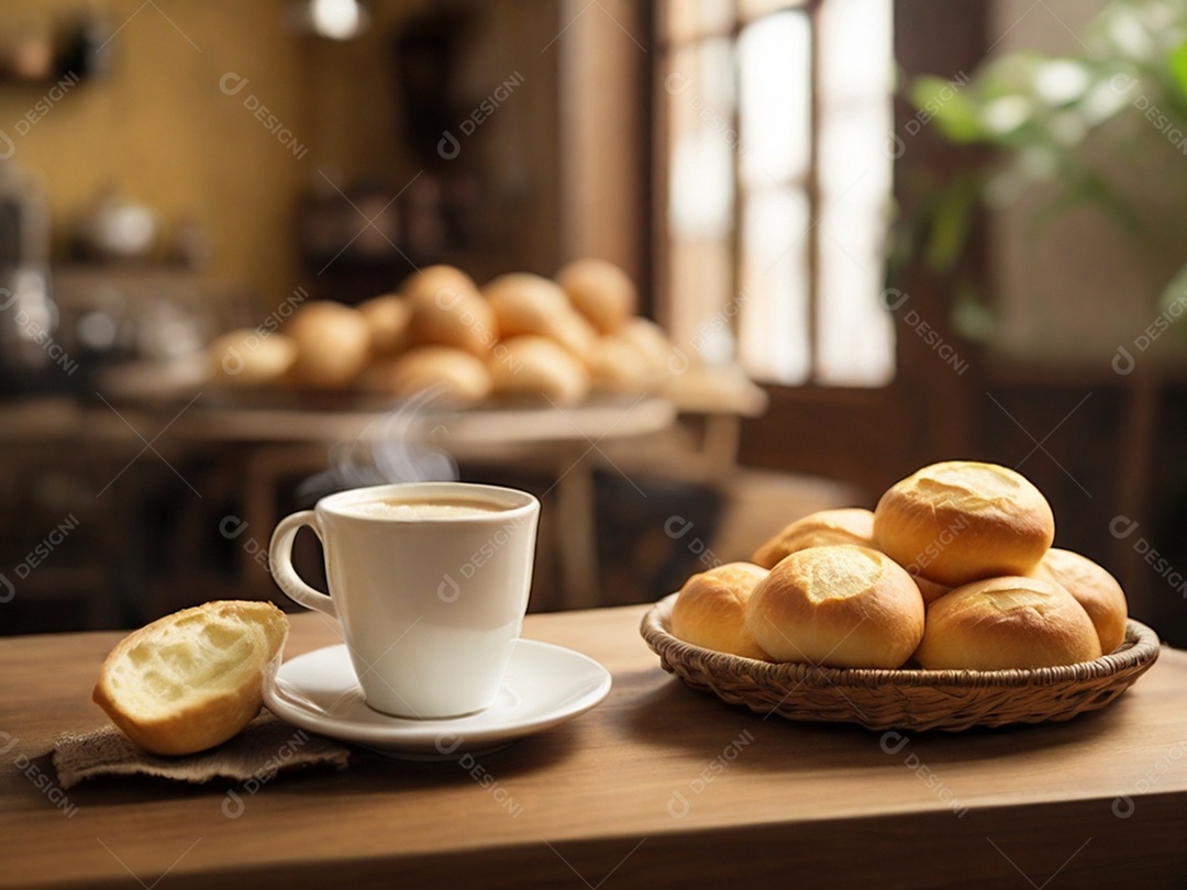 Mesa com xícara de café e cestinha de pão de queijo