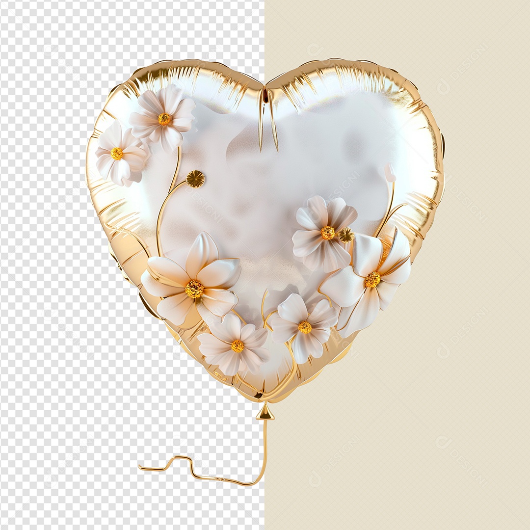 Balão de Coração e Flores Elemento 3D para Composição PSD
