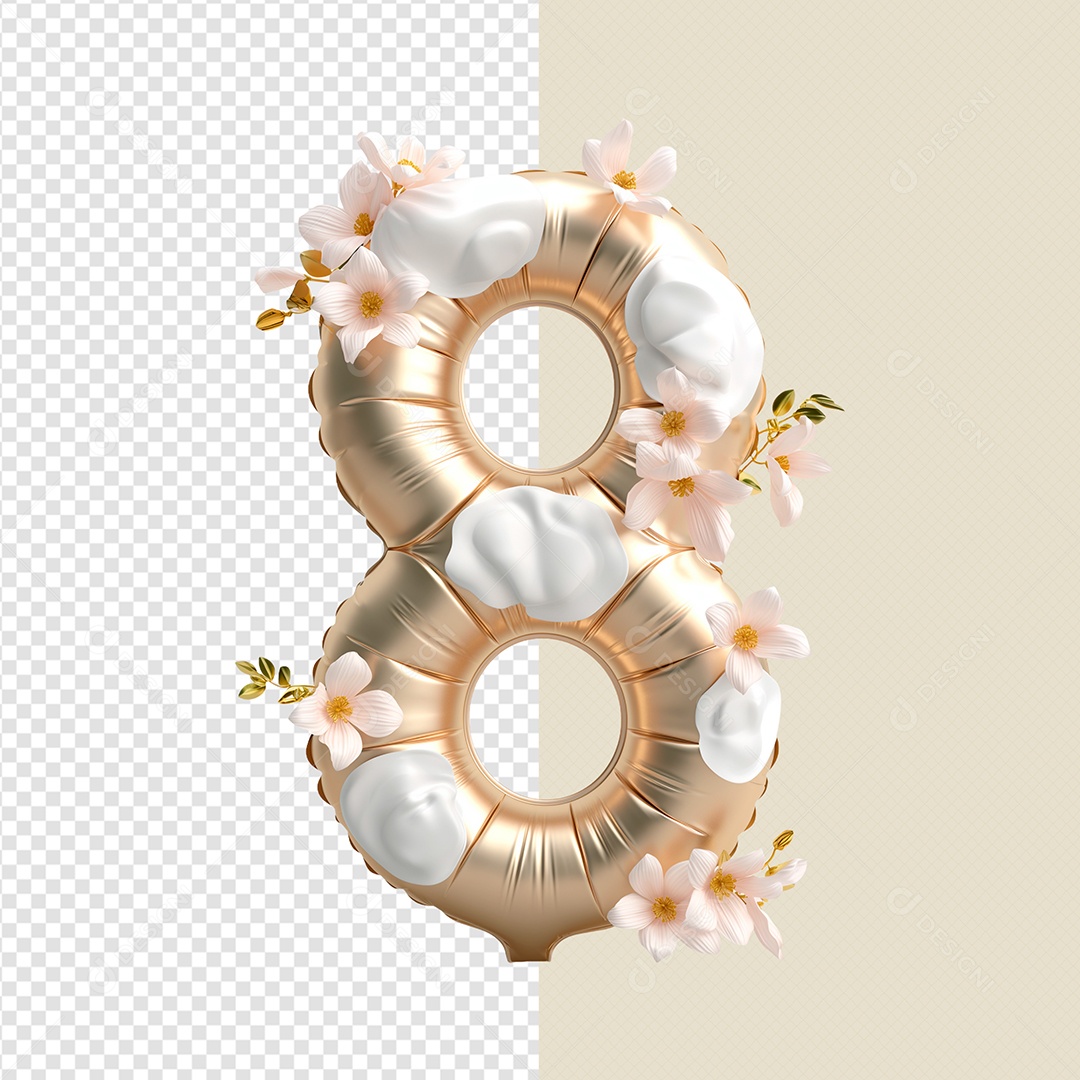 Balão 8 com Flores Elemento 3D Branco Dourado para Composição PSD