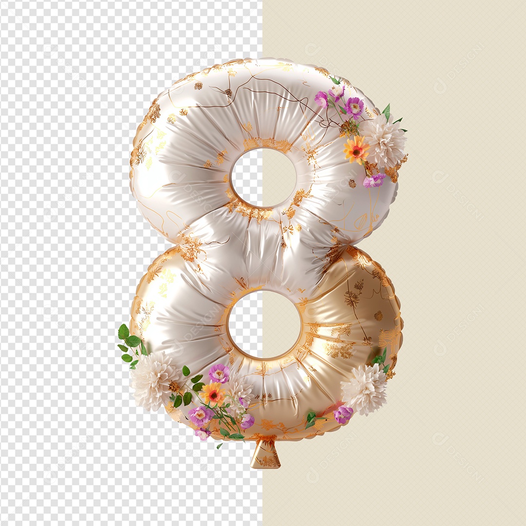 Balão 8 com Flores Elemento 3D Branco Dourado Roxo para Composição PSD