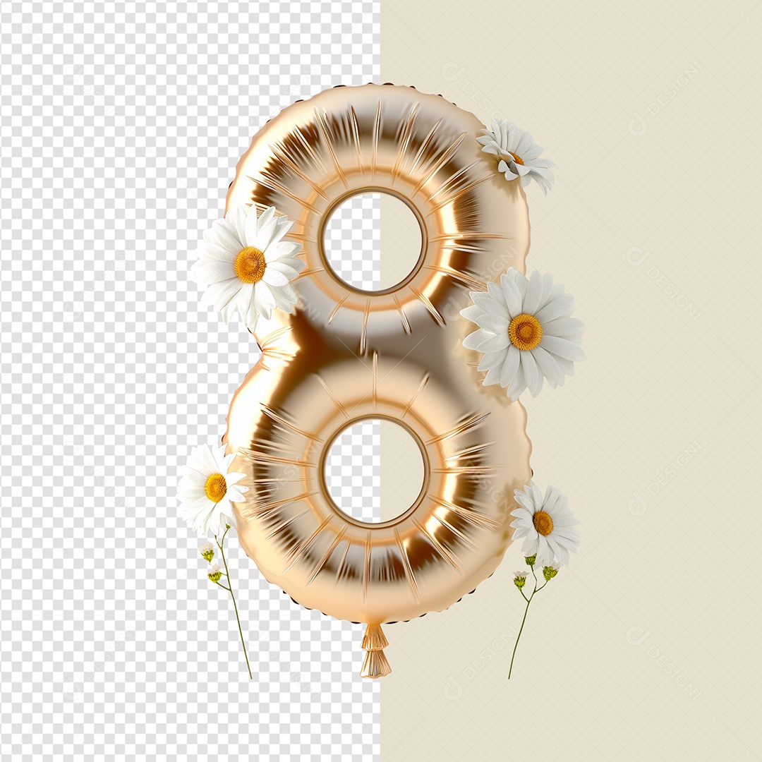 Balão 8 com Flores Elemento 3D Dourado Branco para Composição PSD
