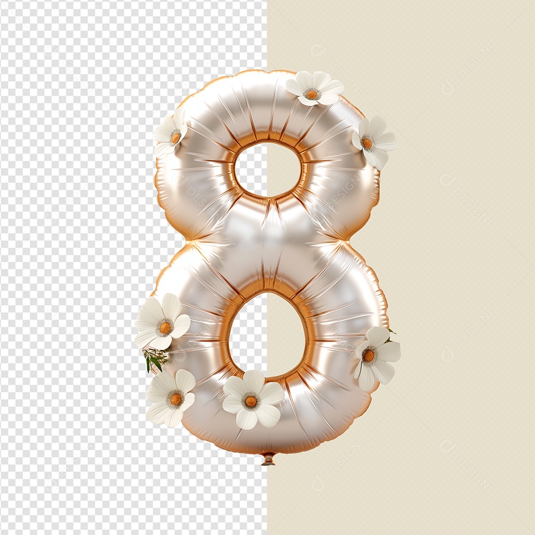 Balão 8 com Flores Elemento 3D de Dia da Mulher para Composição PSD