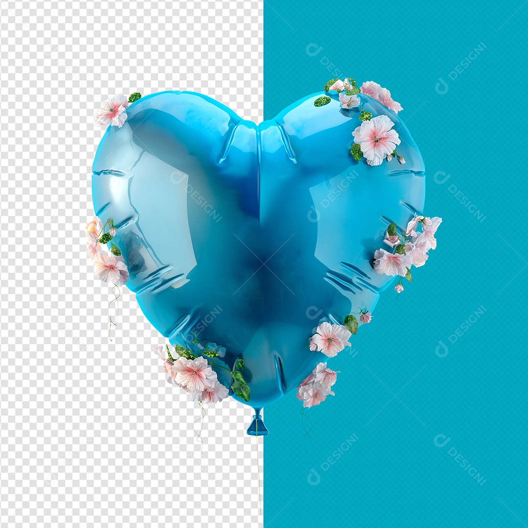 Balão de Coração com Flores Elemento 3D Azul Branco para Composição PSD