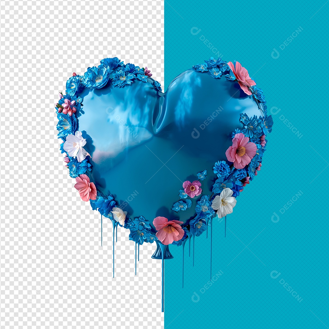 Flores Balão de Coração Azul Elemento 3D para Composição PSD